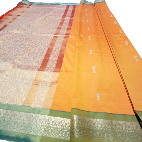 Deep Orange and Green Saree - Unstitched  - NEW - Picture 4 of 5
